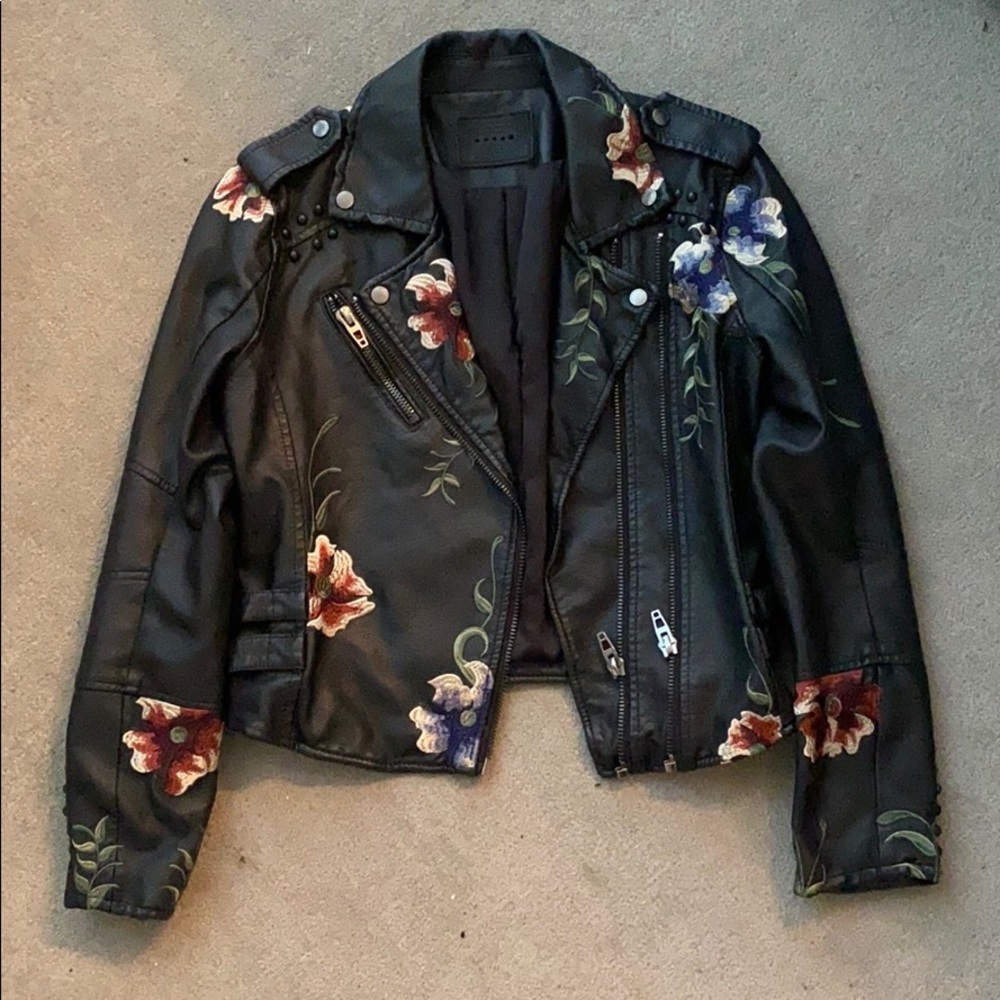 Embroidered Faux Leather Moto Jacket (Floral)